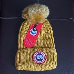 Canada Goose Mustard Knit Beanie with Removable Pom-Pom